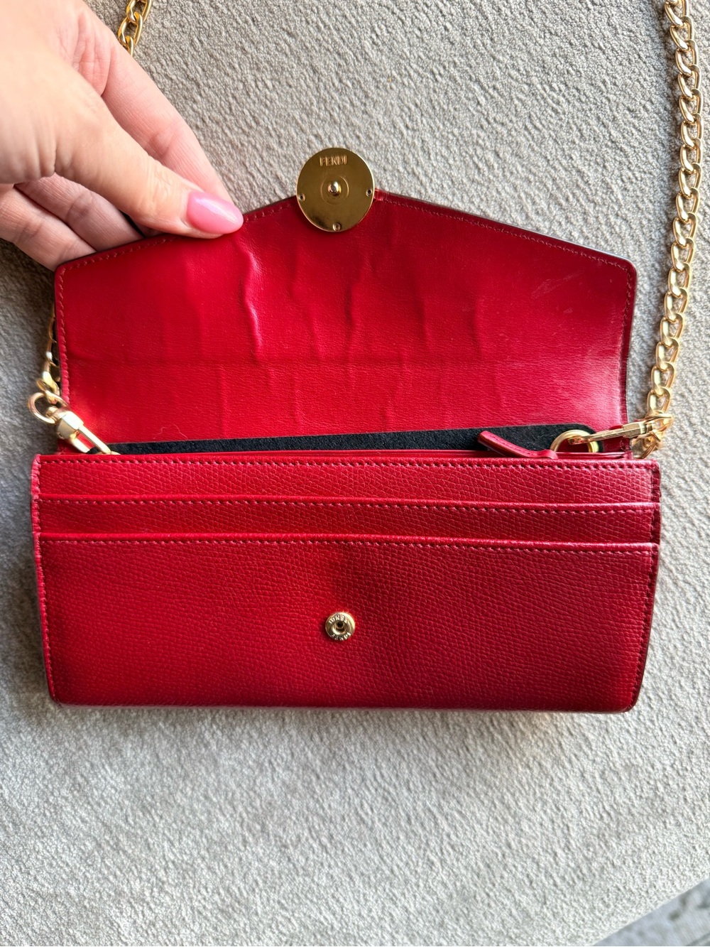 Fendi Red Leather Long Wallet with Gold Chain Insert & Box COA - Picture 7 of 11